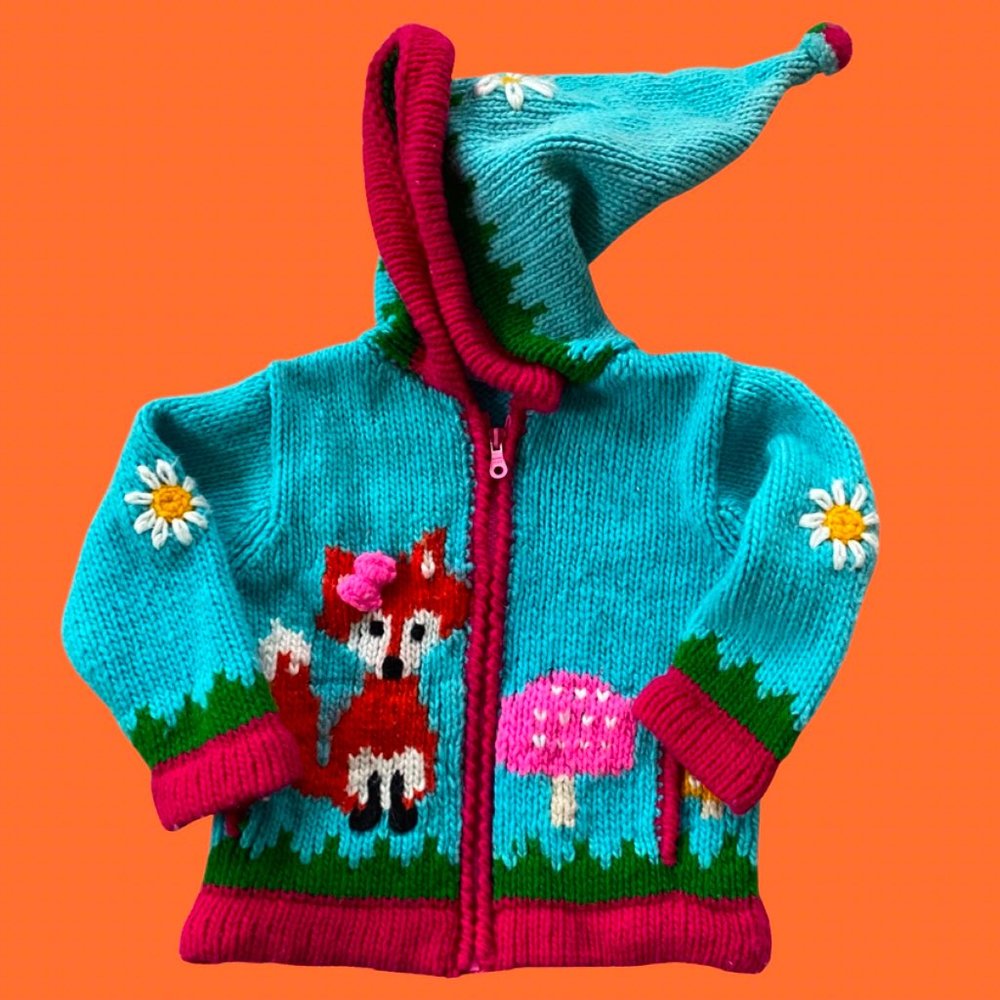 Blue and Cherry Fox Knit Zipped Hoodie (2T)
